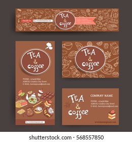 Vector design template for tea shop or cafe. Site header,  business card, brochure and flyer. Dark tasty color. Sweets and deserts, cozy cute doodle style.