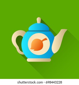 Vector design template with a teapot with a leaf figure on a green background