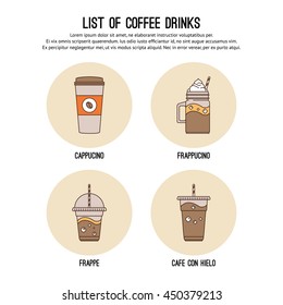 Vector design template with thin line icons of list coffee drinks. Flat design graphic