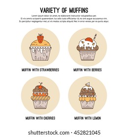 Vector design template with thin line icons of list sweet muffins. Flat  graphic