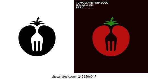 Vector design template of tomato combined with fork logo, food, vegetable, fruit, diet, symbol icon EPS10