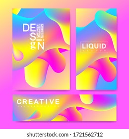 Plantilla de diseño vectorial en colores de degradado vibrante de moda con formas de fluido abstracto, salpicaduras de pintura, caídas de tinta. Carteles, pancartas, folletos, volantes y diseños de portada futuristas. Forma 3d del líquido abstracto