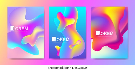 Vector design template in trendy vibrant gradient colors with abstract fluid shapes, paint splashes, ink drops. Futuristic posters, banners, brochure, flyer and cover designs. Abstract fluid 3d shape