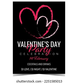 Plantilla de diseño de vectores para la fiesta de San Valentín. Tarjeta de invitación, afiche de promoción o pancarta con corazones rosas sobre fondo negro para celebrar la Fiesta de San Valentín el 14 de febrero.