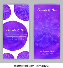 Vector design template with violet lotus flowers. For flyer, brochure, coupon, ticket, banner, invitation, rack card or web design. Beauty, spa or yoga theme. Place for your text. Watercolor.