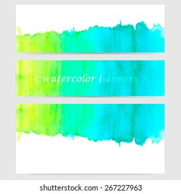 Vector design template. Watercolor banner set of three sizes. Colorful background in shining yellow, green and blue with spare room for text 