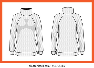 Vector design template womens sweater model raglan sleeves high collar. Front and back view