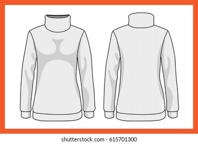 Vector design template womens sweater model long sleeves high collar. Front and back view