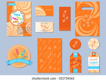 Vector design template with wrapped candies on an orange background