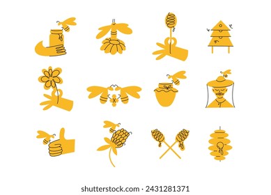 Plantillas de diseño vectorial insignias. Etiquetas y etiquetas de miel orgánica y ecológica con abejas. Estilo lineal