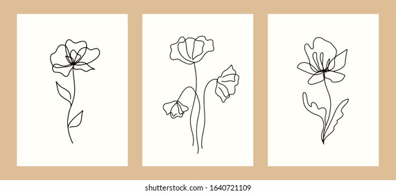 Vector design templates with botanical illustrations. Trendy floral linear elements set, cards and posters. Hand drawn ink one line flowers collection, vintage style