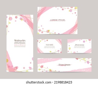 Vector design templates with colorful watercolor bubbles, gold lines; leaflet cover, card, business cards, banner (pink)