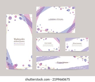 Vector design templates with colorful watercolor bubbles, gold lines; leaflet cover, card, business cards, banner (purple)