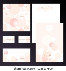 Plantillas de diseño de vectores para el estilo corporativo. Portada, catálogo, carta, invitación, tarjeta de visita para negocios de belleza. Manchas redondeadas color pastel y bolas 3d con una textura dorada sobre un fondo blanco.