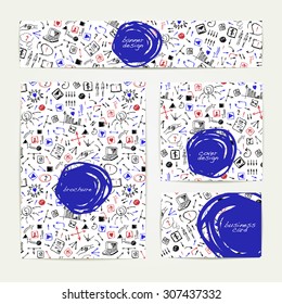 Vector design templates. Hand drawn rough sketch doodle business design element with arrows, shapes, buttons, graphs in blue, black and red on white. Cover, brochure and business card with copyspace.