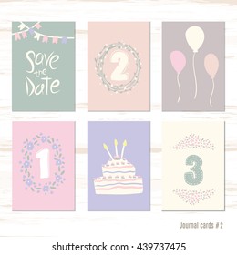 Vector design templates for journal cards, scrapbooking cards, greeting cards, gift cards, patterns, blogging. Planner cards. Cute doodle. Printable templates set. numeral