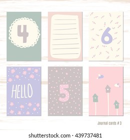 Vector design templates for journal cards, scrapbooking cards, greeting cards, gift cards, patterns, blogging. Planner cards. Cute doodle. Printable templates set. numeral