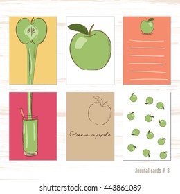 Vector design templates for journal cards, scrapbooking cards, greeting cards, gift cards, patterns, blogging.  Printable templates set. Green apple