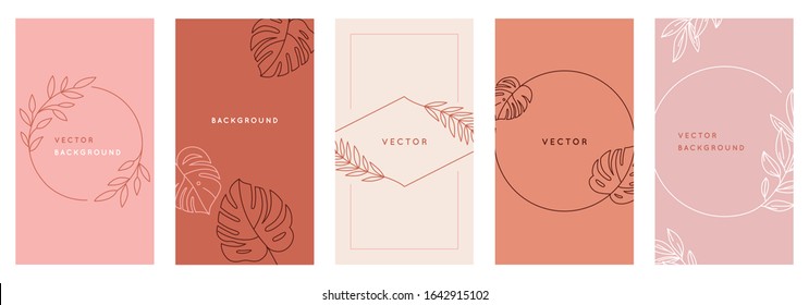 Plantillas de diseño de vectores de estilo moderno sencillo con espacio para texto, flores y hojas - fondos y marcos de invitación de boda, fondos de pantalla de historias de medios sociales, artículos de escritorio de lujo y saludos