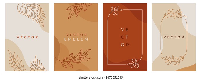 Vector design templates in simple modern style with copy space for text, flowers and leaves. wedding invitation backgrounds and frames, social media stories wallpapers