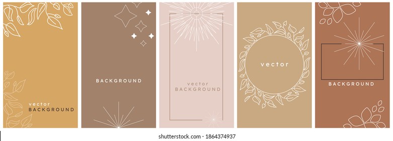 Vector design templates in simple modern style with copy space for text, stars and leaves - invitation backgrounds and frames, social media stories wallpapers