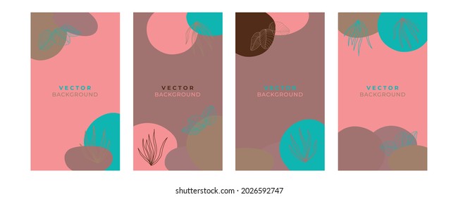 Vector design templates in simple modern style with copy space for text, flowers and leaves - wedding invitation backgrounds and frames, social media stories wallpapers 