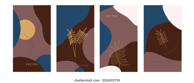 Vector design templates in simple modern style with copy space for text, flowers and leaves - wedding invitation backgrounds and frames, social media stories wallpapers 