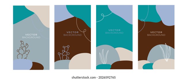Vector design templates in simple modern style with copy space for text, flowers and leaves - wedding invitation backgrounds and frames, social media stories wallpapers 