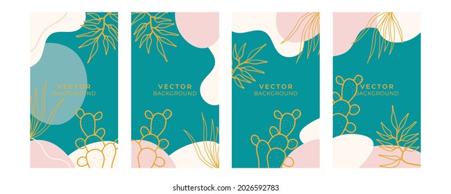 Vector design templates in simple modern style with copy space for text, flowers and leaves - wedding invitation backgrounds and frames, social media stories wallpapers 
