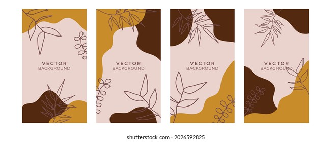 Vector design templates in simple modern style with copy space for text, flowers and leaves - wedding invitation backgrounds and frames, social media stories wallpapers 