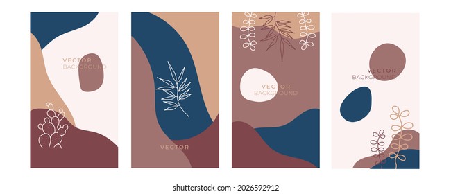 Vector design templates in simple modern style with copy space for text, flowers and leaves - wedding invitation backgrounds and frames, social media stories wallpapers 