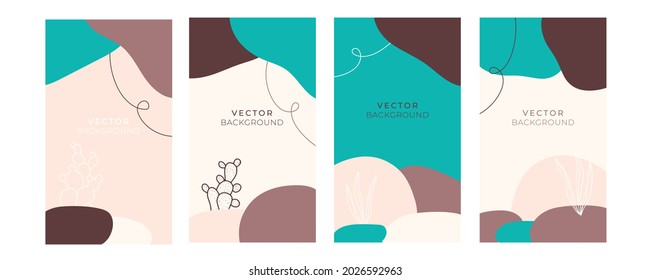 Vector design templates in simple modern style with copy space for text, flowers and leaves - wedding invitation backgrounds and frames, social media stories wallpapers 