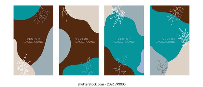 Vector design templates in simple modern style with copy space for text, flowers and leaves - wedding invitation backgrounds and frames, social media stories wallpapers 