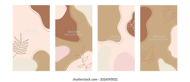 Vector design templates in simple modern style with copy space for text, flowers and leaves - wedding invitation backgrounds and frames, social media stories wallpapers 