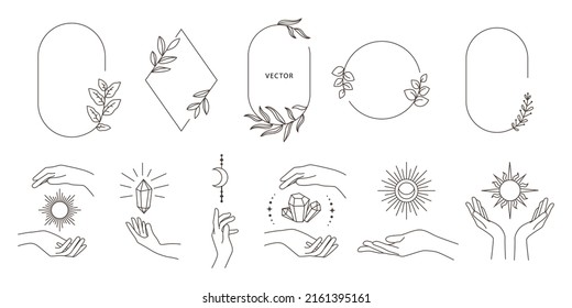 Vector design templates in simple modern boho style with silhouette hand, frame space for text, leaves and brunches