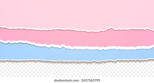 Vector design templates of torn paper sheet edges. Set of pink and blue jagged papers isolated on transparent backdrop