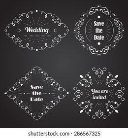 Vector design templates for wedding invitation and save the date cards monograms and emblems. White elements on blackboard