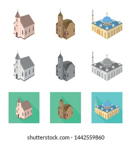 Vector design of temple and historic icon. Collection of temple and faith stock symbol for web.