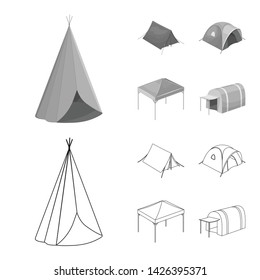 Vector design of tent and camp sign. Set of tent and forest vector icon for stock.
