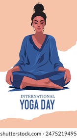 Vector design text international yoga day. Beautiful woman yoga teacher meditates. Practice body poses in yoga. Banner, poster or greeting card with place for text for Yoga Day