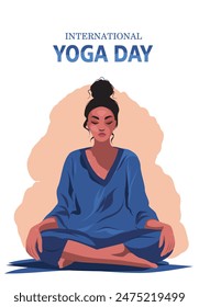 In: Vektorgrafik Design Text International Yoga Day. Schöne Frau übt Meditation. Feiern des Yoga-Tages. Banner-, Poster- oder Grußkarte mit Textstelle für den Yoga-Tag