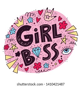 Vector design with text for print, poster, t shirt fashion design, typography card. Colorful image with doodle elements. Girl boss. 