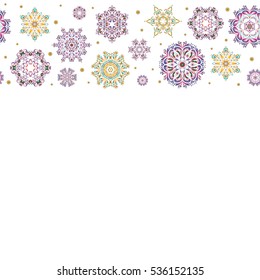 Vector design for textile, wallpaper, fabric, wrapping paper. Violet and green on white simple seamless Christmas pattern, varied Xmas snowflakes with dots. Horizontal Happy New Year winter background