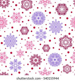 Vector design for textile, wallpaper, fabric, wrapping paper. Violet, red and purple and white simple seamless Christmas pattern - varied Xmas snowflakes with dots. Happy New Year winter background.