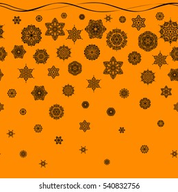 Vector design for textile, wallpaper, fabric, wrapping paper. Orange simple seamless Christmas pattern - varied Xmas snowflakes with dots. Happy New Year winter background.