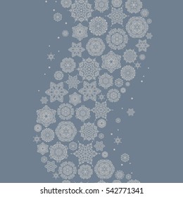 Vector design for textile, wallpaper, fabric, wrapping paper. Neutral simple seamless Christmas pattern - varied Xmas snowflakes with dots. Happy New Year winter background.