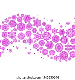 Vector design for textile, wallpaper, fabric, wrapping paper. Magenta and white simple seamless Christmas pattern - varied Xmas snowflakes with dots. Happy New Year winter background.