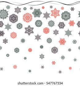 Vector design for textile, wallpaper, fabric, wrapping paper. Green, purple and orange and white simple seamless Christmas pattern - varied Xmas snowflakes with dots. Happy New Year winter background.