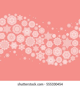 Vector design for textile, wallpaper, fabric, wrapping paper. Pink simple seamless Christmas pattern - varied Xmas snowflakes with dots. Happy New Year winter background.
