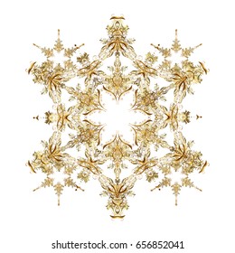 Vector design for textile, wallpaper, fabric, wrapping paper. White simple Christmas pattern - varied Xmas gold snowflakes with dots. Happy New Year winter background.